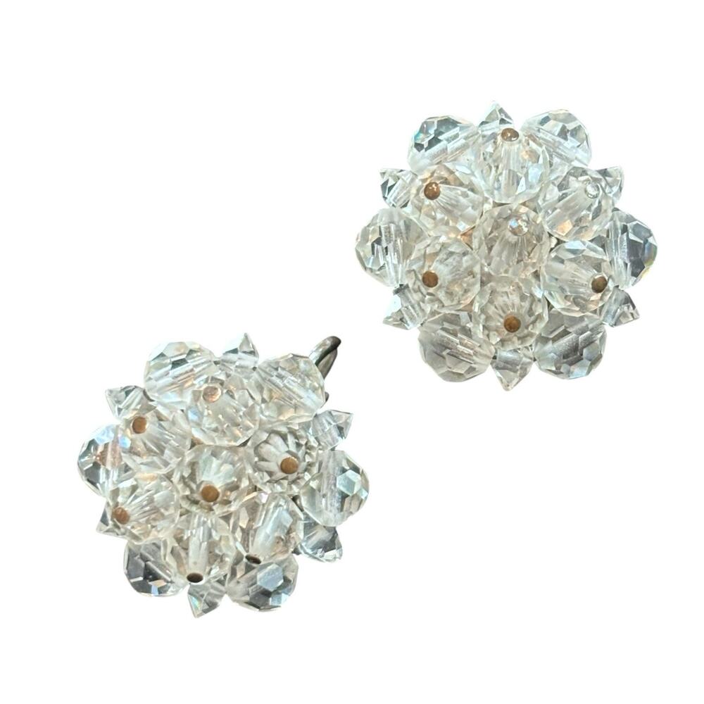 Vintage Laguna Clear Crystal Beaded Cluster Clip On Earrings Signed Silver Tone